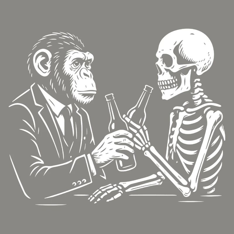 monkey and skeleton drinks beer in the pub.