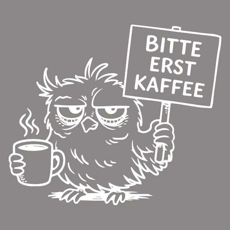 Bitte erst Kaffee – Müde Eule mit Kaffeetasse