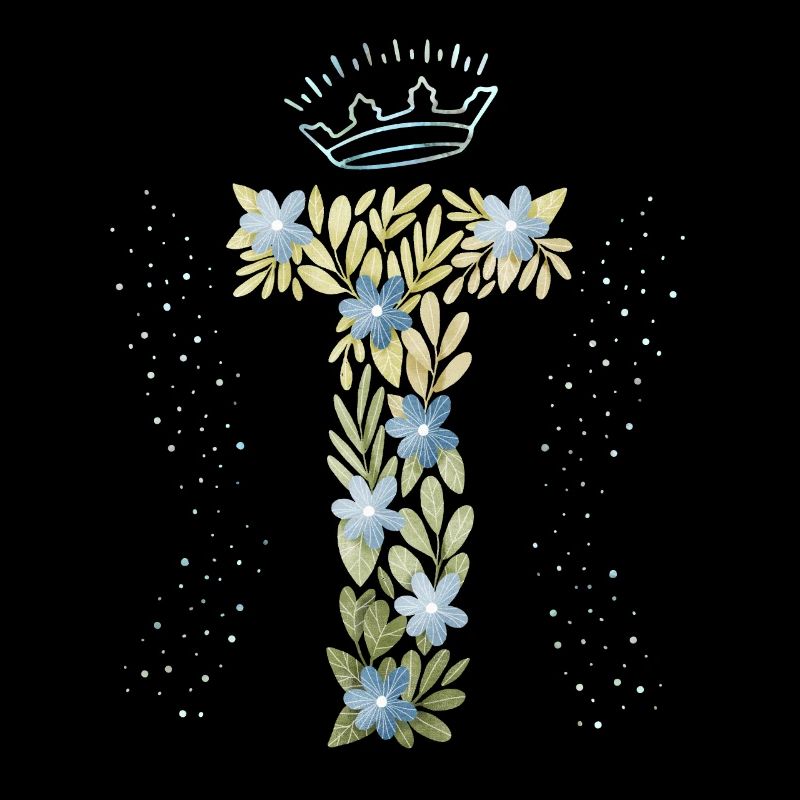 Monogramm Buchstabe T mit Krone, florales Ornament