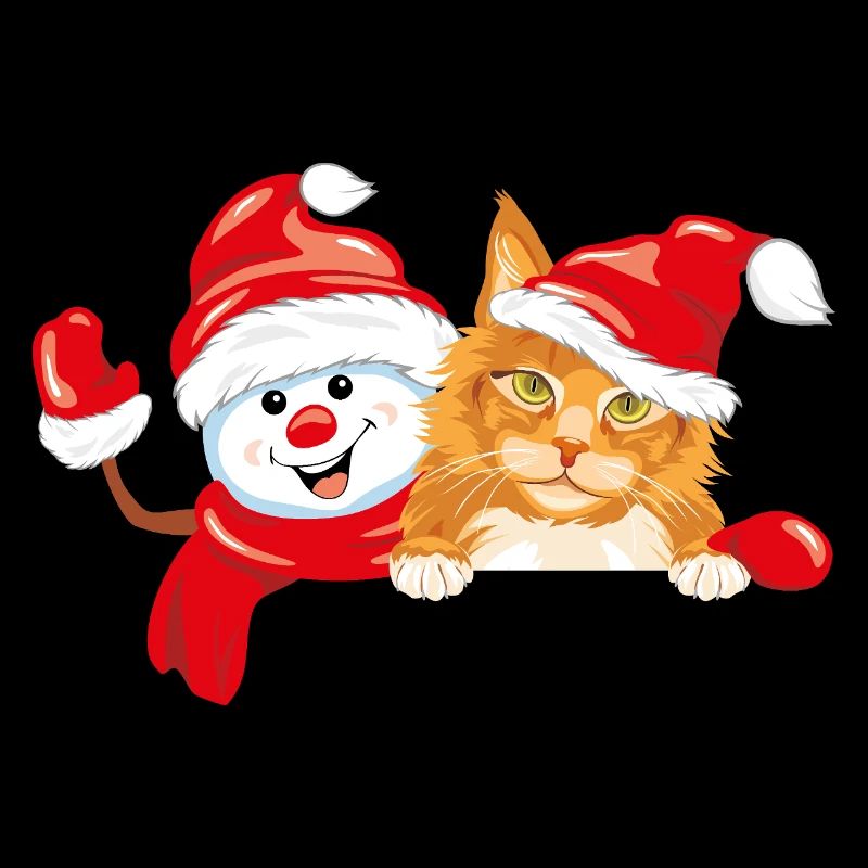 Waving happy snowman and ginger cat