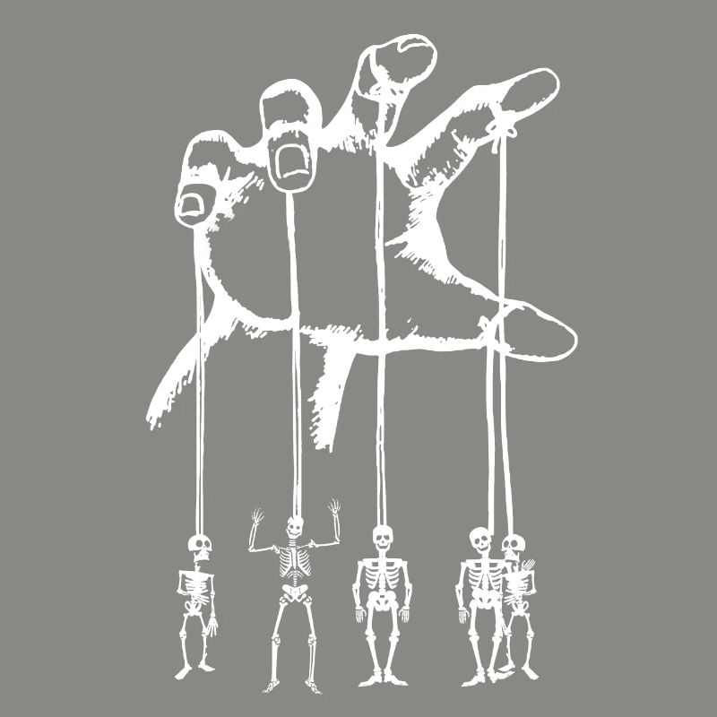 Skeleton marionettes on a hand pulling string over white