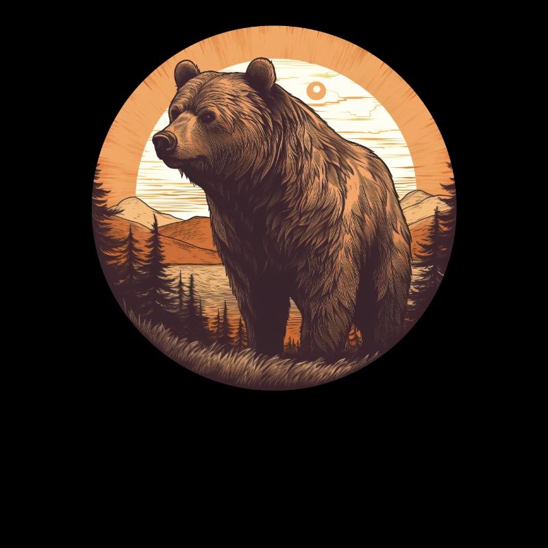 Retro Brown Bear Sunset Forest and Trees