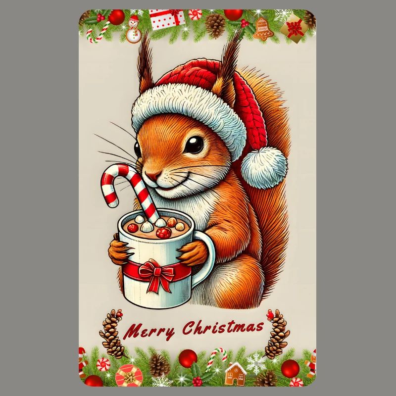 Weihnachts-Eichhörnchen mit heißer Schokolade