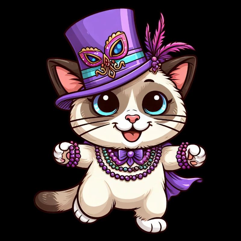 Siamese Cat Mardi Gras Comic Cute