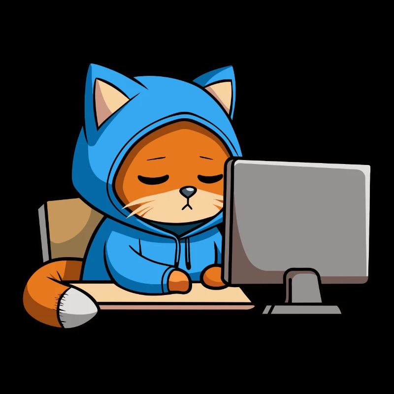 Un chat hacker mignon dort dans un sweat à capuche devant le PC