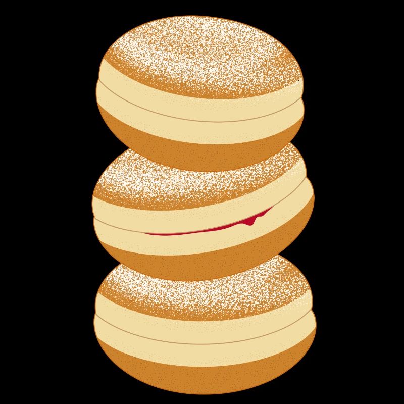 Three carnival donuts with powdered sugar & jam