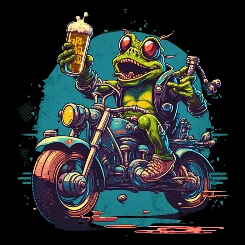 Frosch auf Motorrad mit Bier