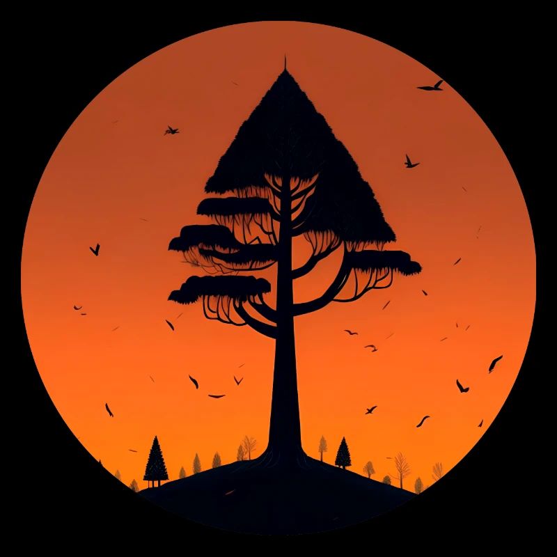 Minimalist landscape with a central tree