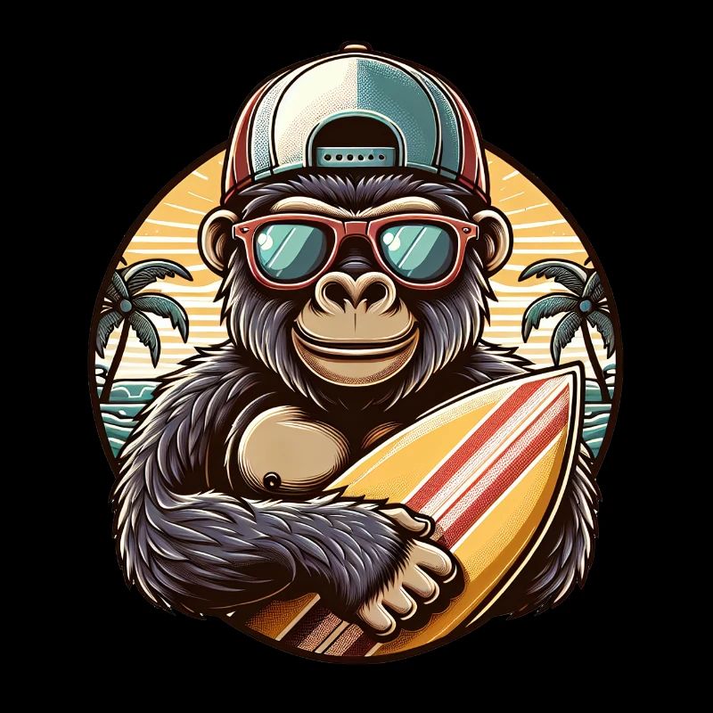 Gorille avec Basecap et lunettes de soleil et planche de surf