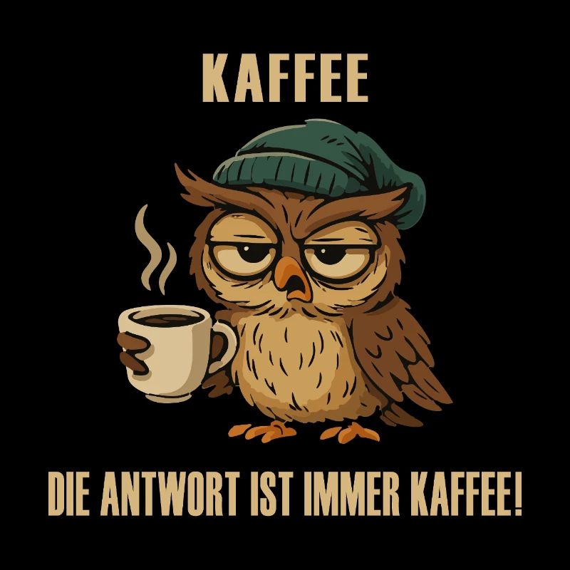 Müde Eule mit Kaffee – lustiger Spruch.