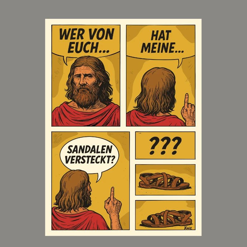 Comic Jesus is looking for sandals