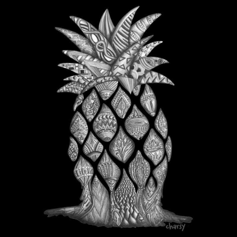 Surreal black and white artwork melting pineapple