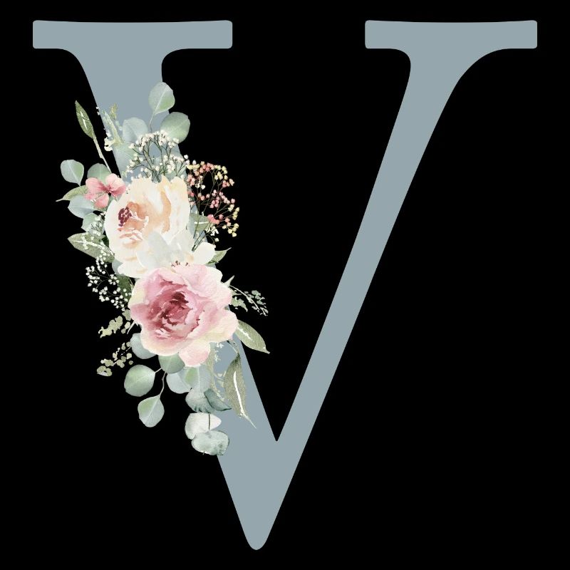 V| Monogramm | Eukalyptus-Pastell-Blumen-Blau
