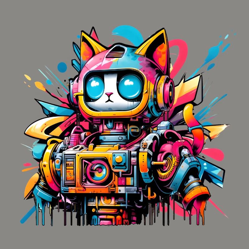 Chat conçu comme un robot dans le style graffiti de la bande dessinée