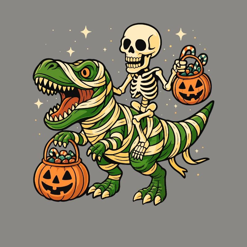 Skeleton Riding T‑Rex — Dino Spooky Halloween Fun