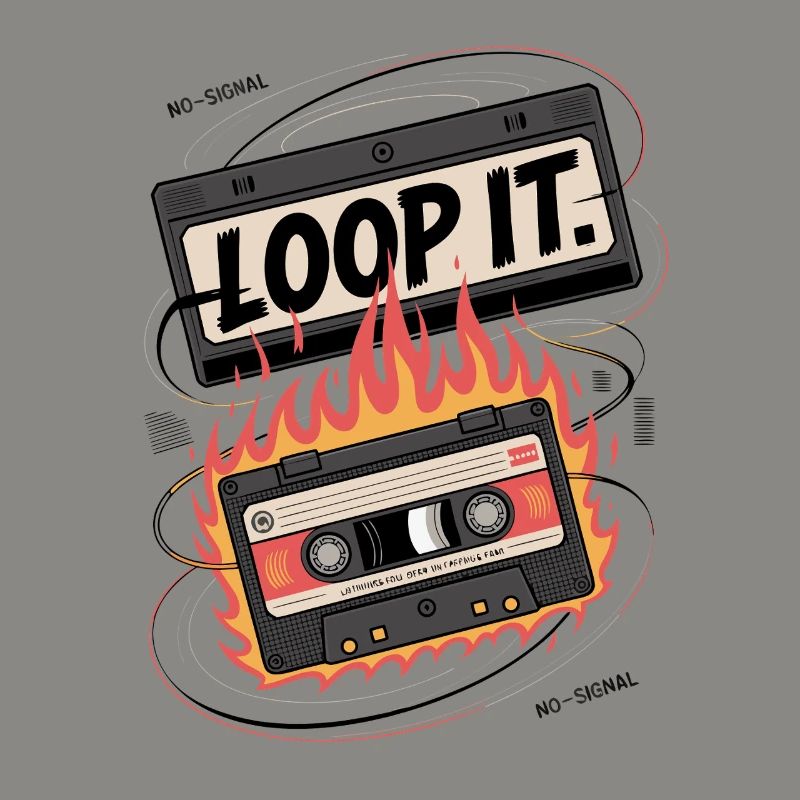 Retro cassette with "Loop It" flame design
