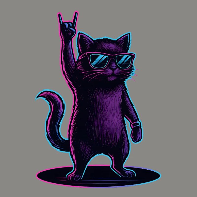 Synthwave Kater Katze mit Rockhand Pose