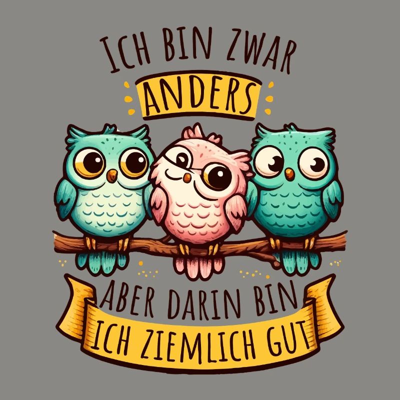 Anderssein Spruch mit bunten Eulen
