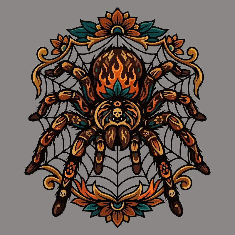 Tarantula Fire Flames Spider Web Pattern Motif
