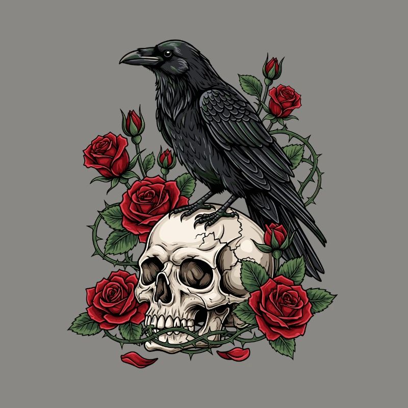 Mitternachtskrähe auf Totenkopfrosen