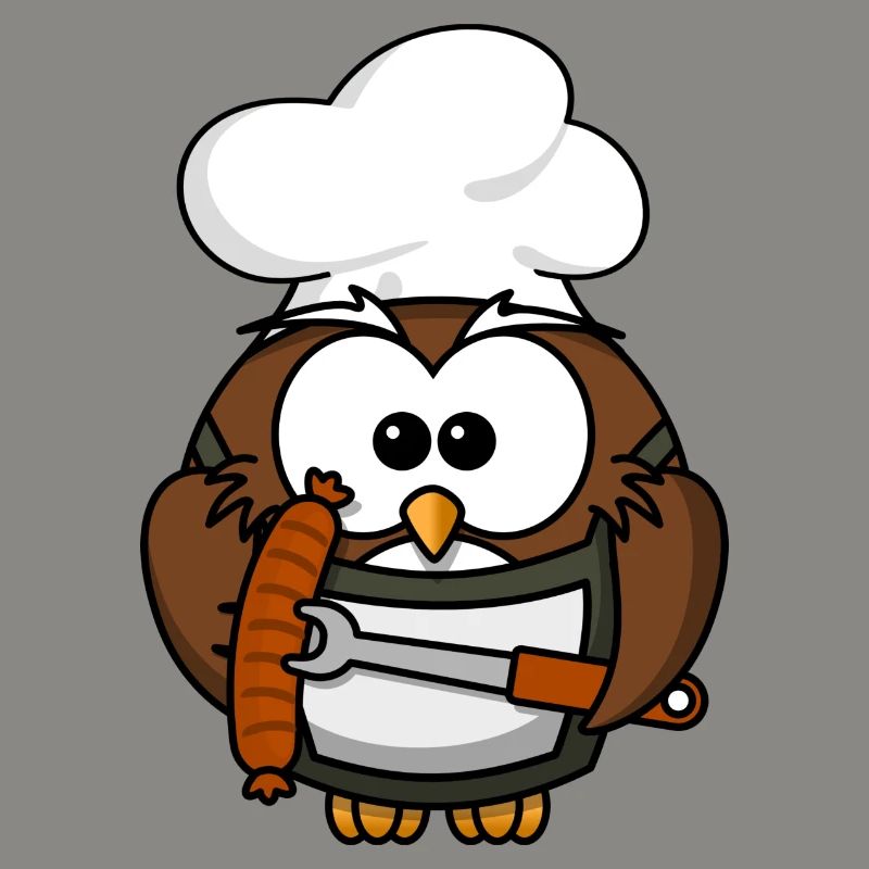 Eule am Grill mit Essen Comic Stil