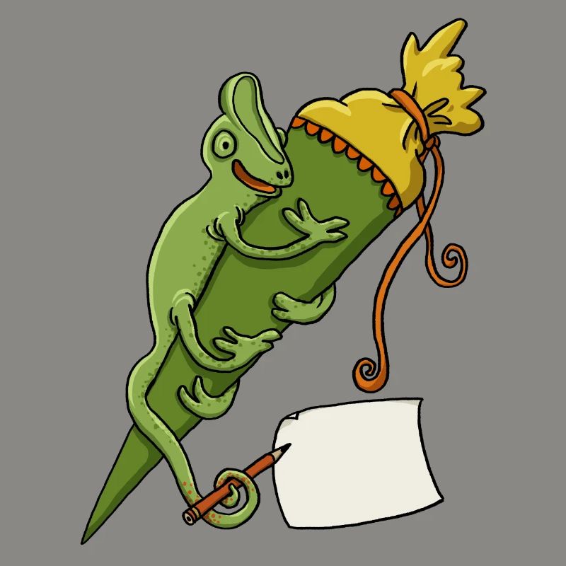 Caméléon avec cône d’école et bout de papier