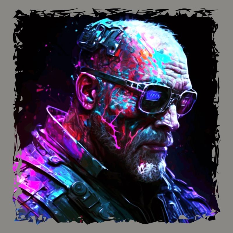 Old high-tech cyborg or android in neon light