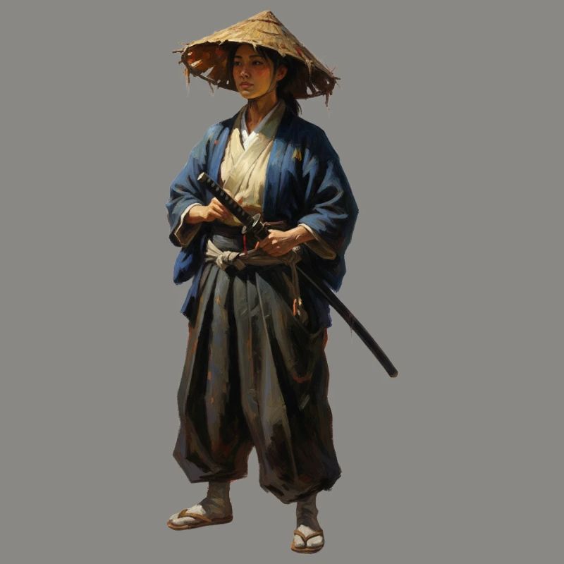 samurai warrior with straw hat realistic