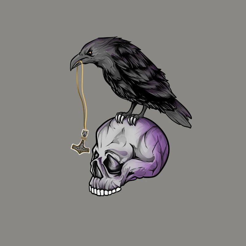 Gothic Krähe mit Mjölnir Kette auf Schädel - Goth