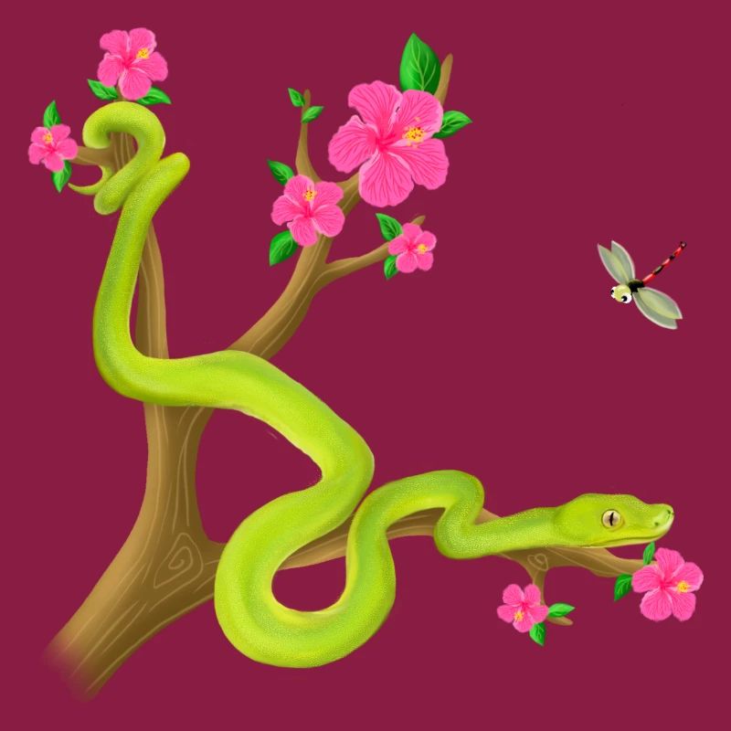 Der Grüne Python Schlange auf dem Baum mit Blümen