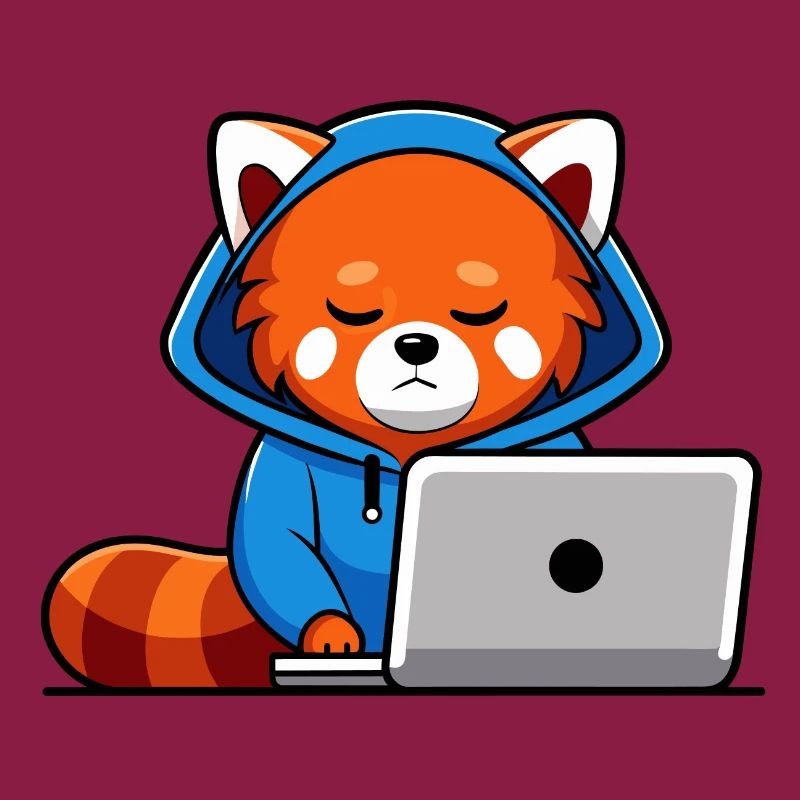Mignon hacker panda roux en sweat à capuche devant PC