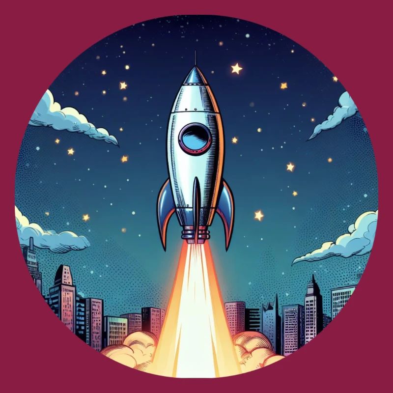 Lancement d’une fusée dans l’espace devant le ciel nocturne dans un style comique