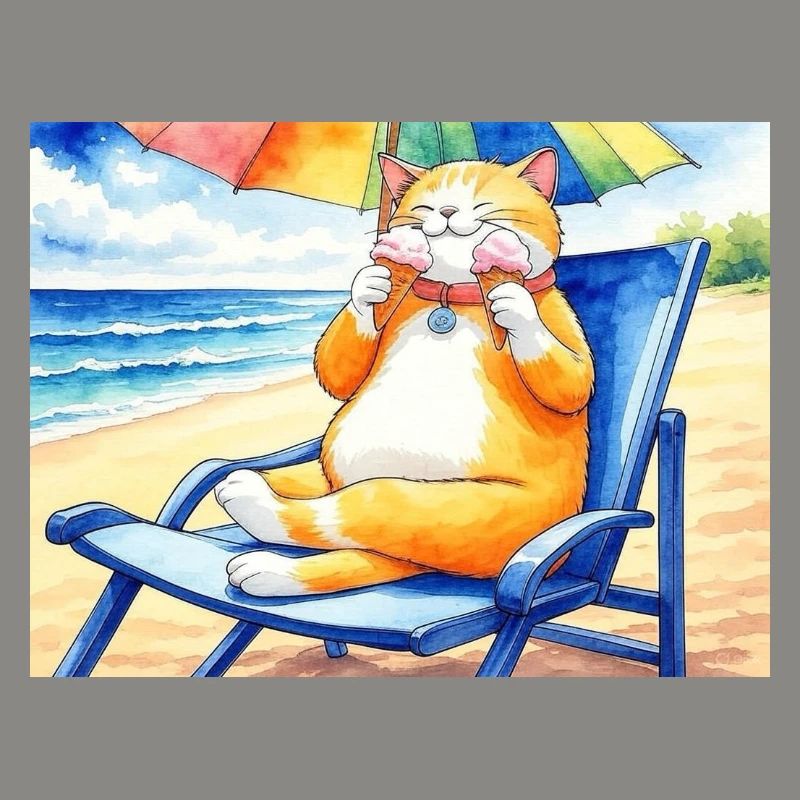 Katze am Strand mit Eiscreme