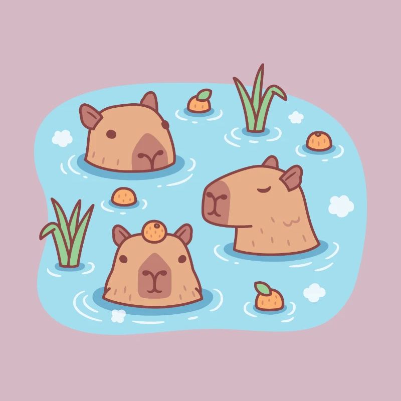 Mignon Capybaras chilling in hot spring with oranges