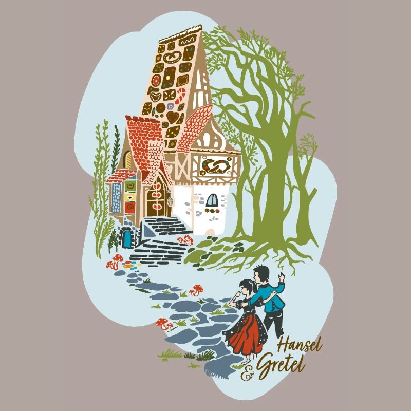 Hansel et Gretel devant la maison de la sorcière