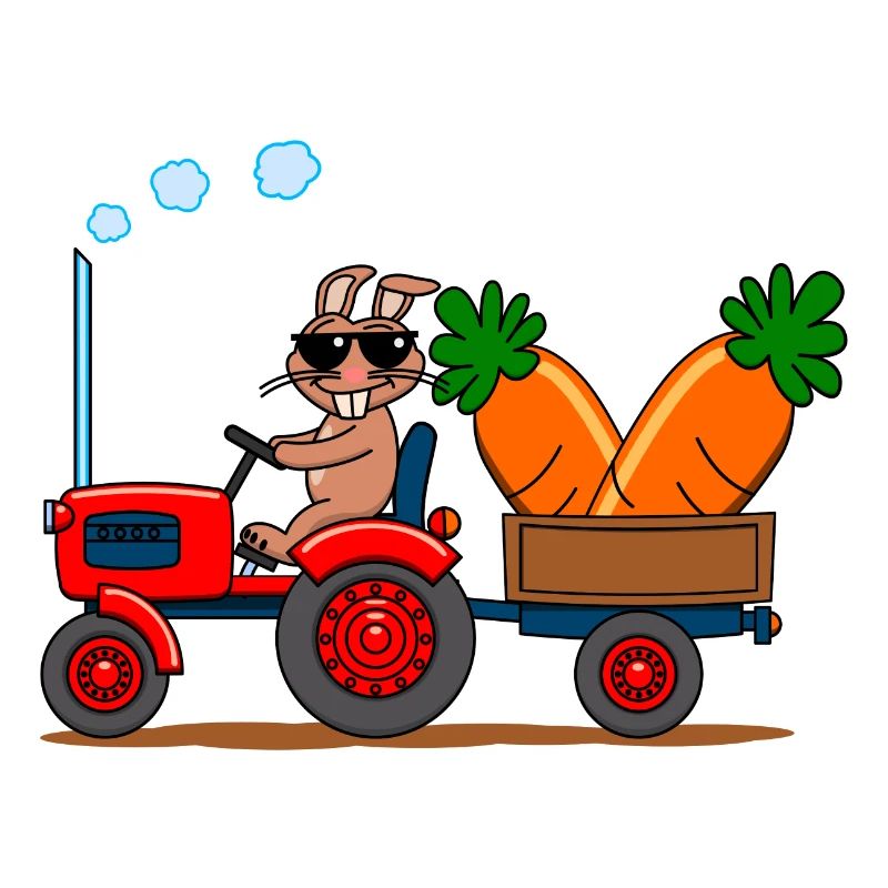 Cool rabbit on tractor with giant carrots