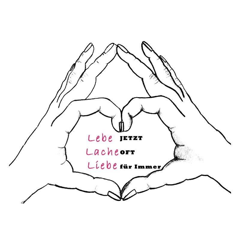 Hände formen ein Herz. Lebe, Lache, Liebe