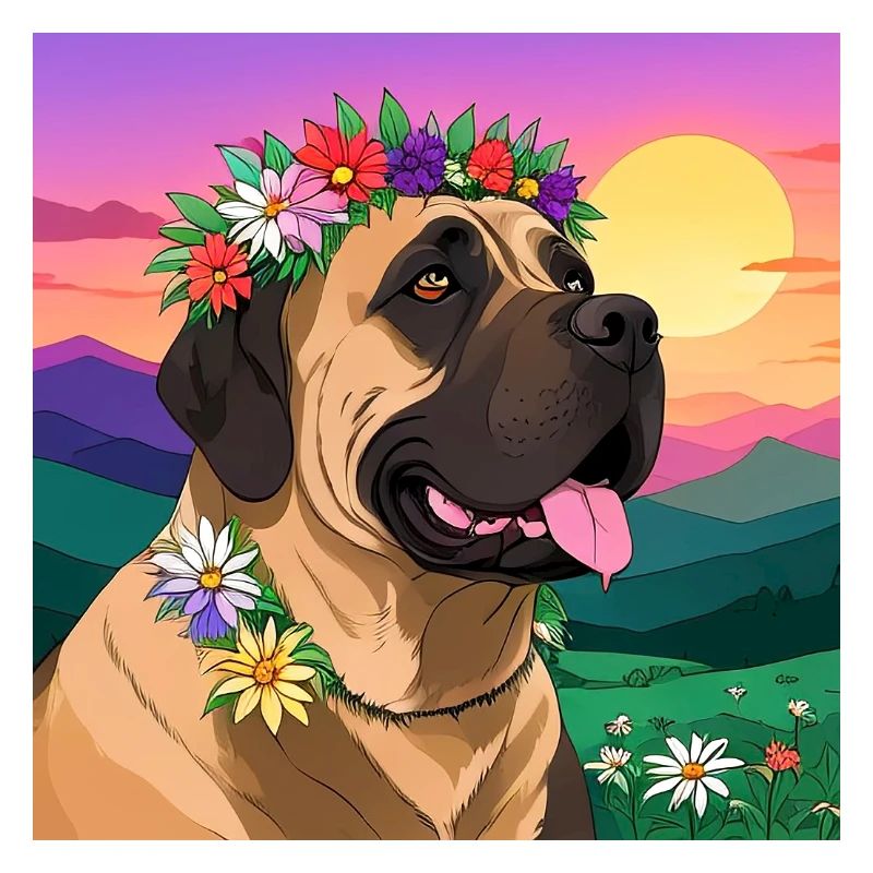 Mastiff mit Blumenkranz