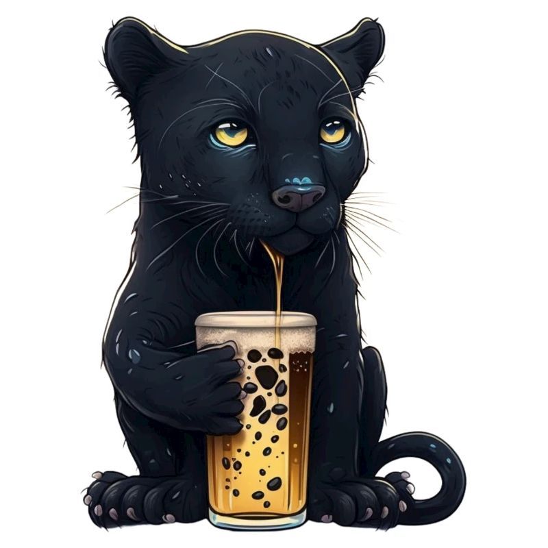 Schwarzer Panther trinkt ein Glas Bier