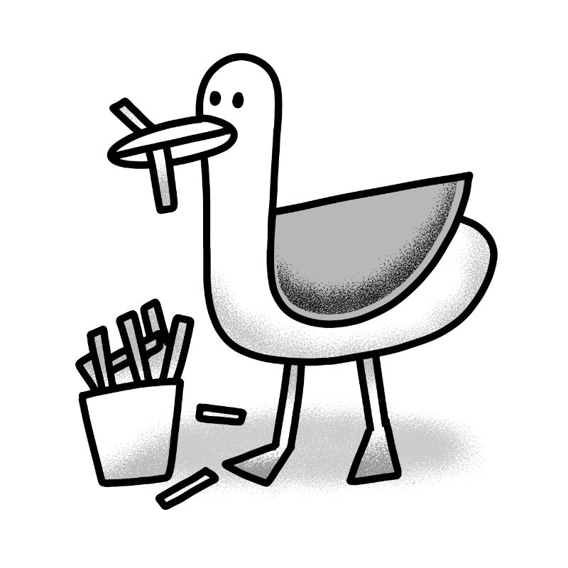 Möwe mit einem Chippy im Schnabel