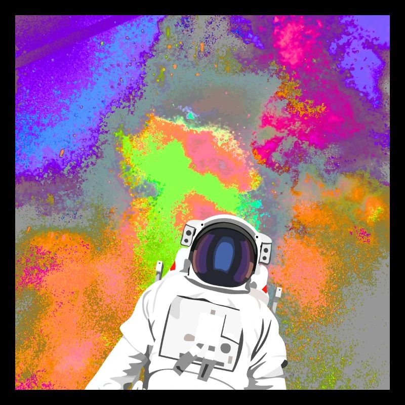 Astronaut in front of space supernova artwork