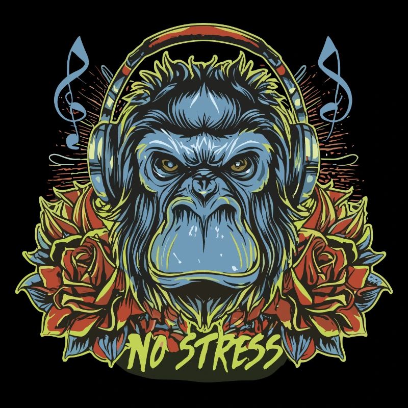Gorilla mit Kopfhörer Lustiger Spruch NO STRESS