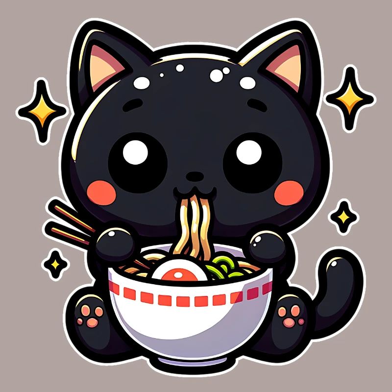 Black Cat Eats Ramen Noodle Soup Stars