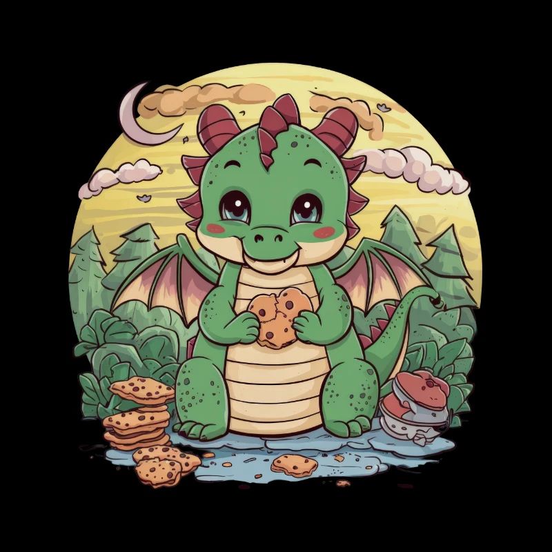Mignon dragon de dessin animé avec des biscuits aux pépites de chocolat.