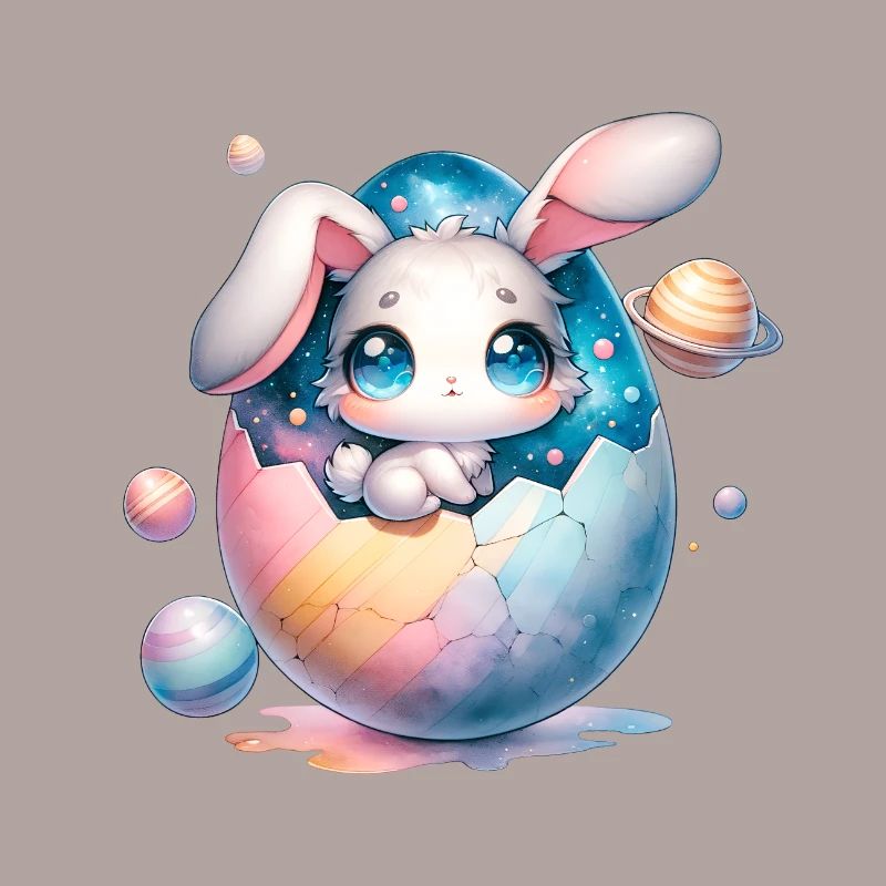 Chibi Space Bunny Sitting In a Cracked Easter Egg
