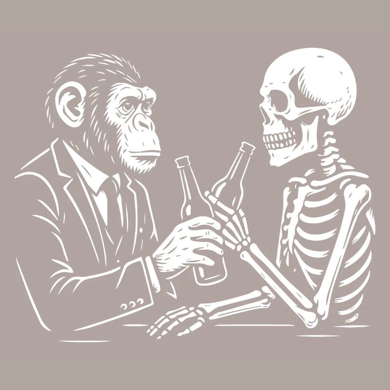 monkey and skeleton drinks beer in the pub.