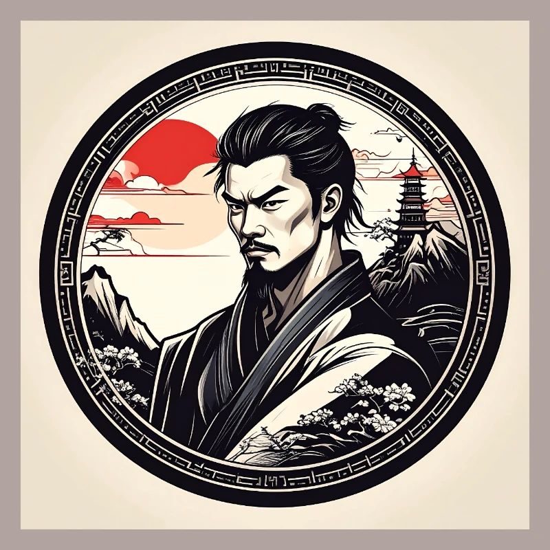 Samurai in circle frame sunset
