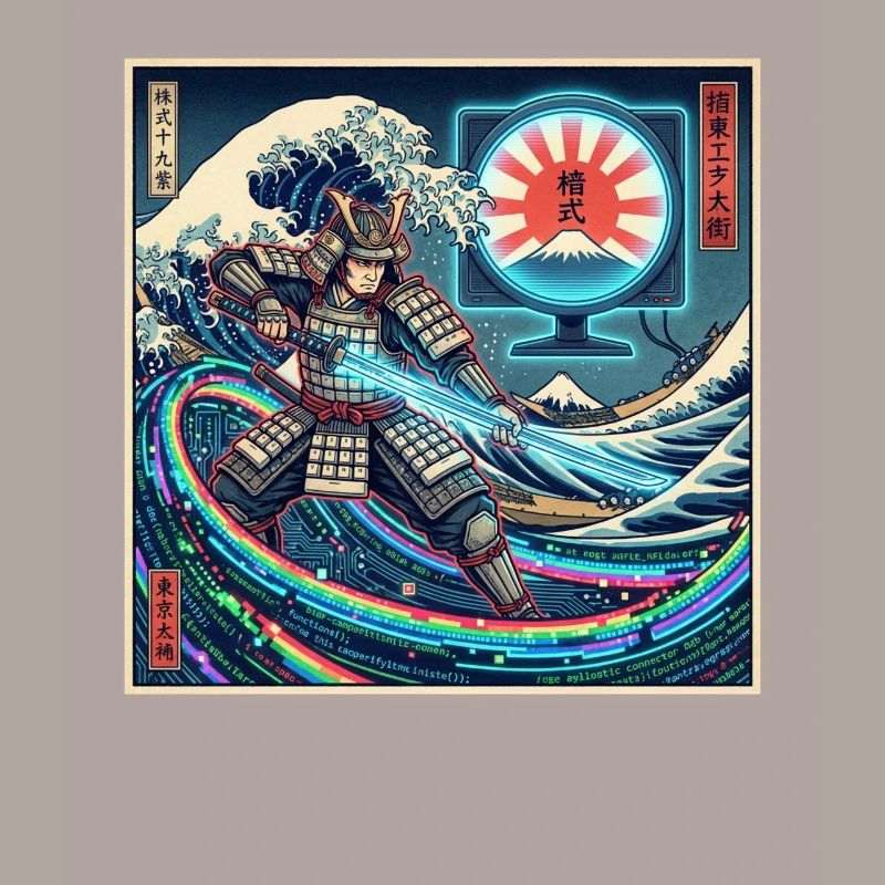 Cyber Samurai 模式 devant les vagues et Fuji