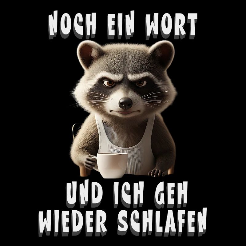 Müder Waschbär mit Kaffee und Schlafhumor