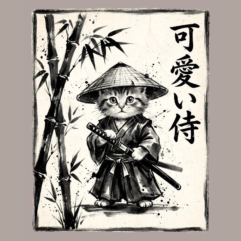 Samurai Cat Sumi-e Ink Drawing